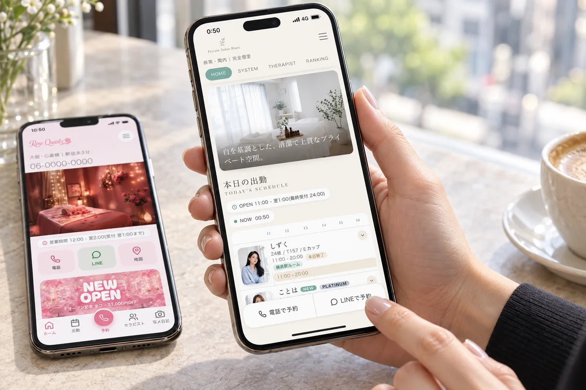 お客様がスマホでセラピストや受付状況を確認するイメージ