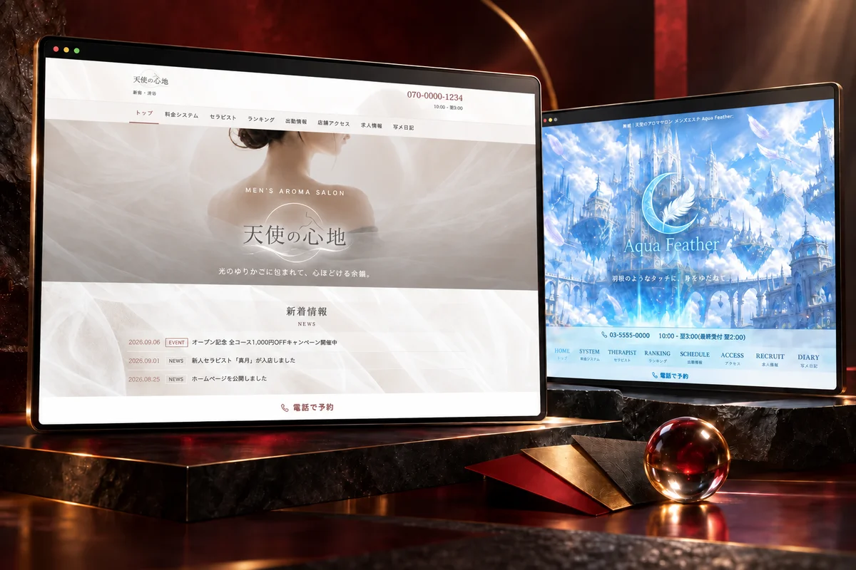 実際の天使の心地とAqua Featherの画面を使ったサイトデザインのイメージ