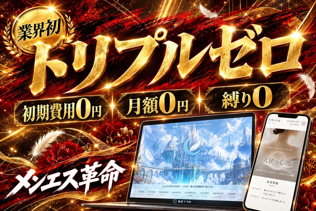 メンエス革命のトリプルゼロ。初期費用0円・月額0円・縛り0と、実際のサイトデザイン